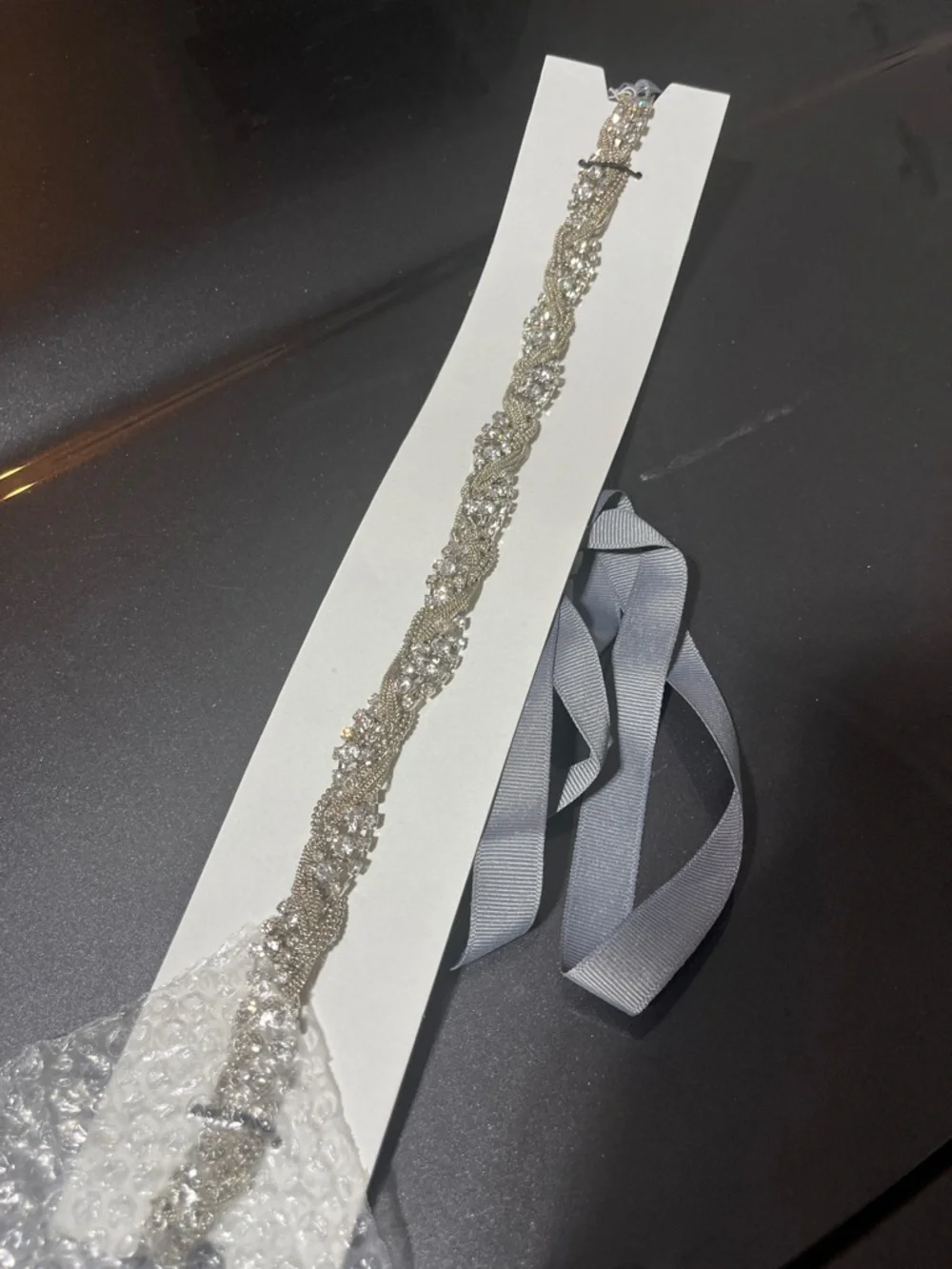 WHITE Vera Wang Crystal Braided Silver belt with Ribbon Tie